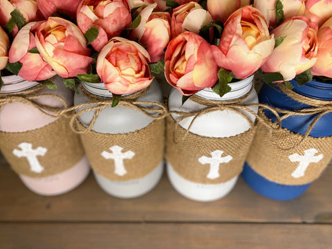 Pink Tulips With 4 Large Mason Jar Cross