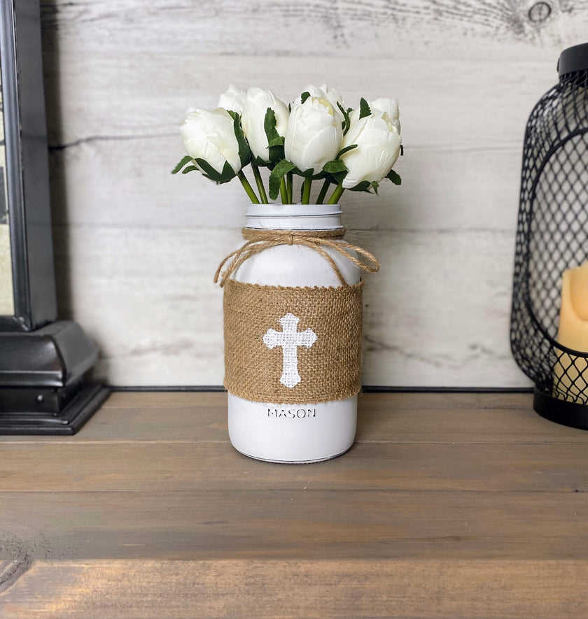 White Tulips Large White Mason Jar Cross