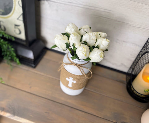 White Tulips Large White Mason Jar Cross