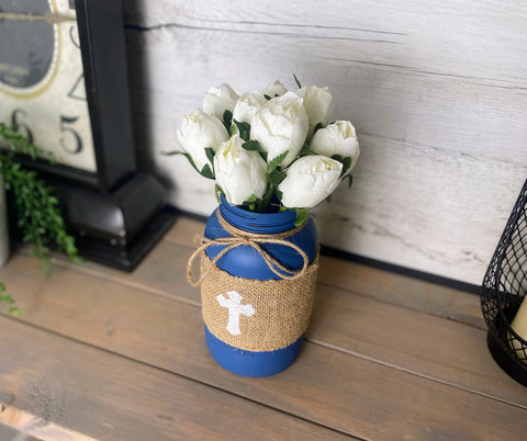 White Tulips With Large Blue Mason Jar Cross