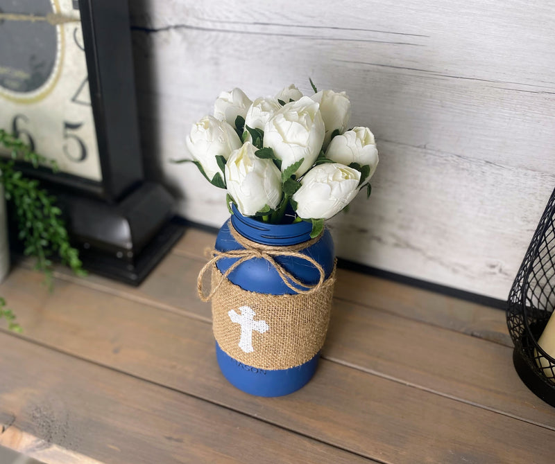 White Tulips With Large Blue Mason Jar Cross