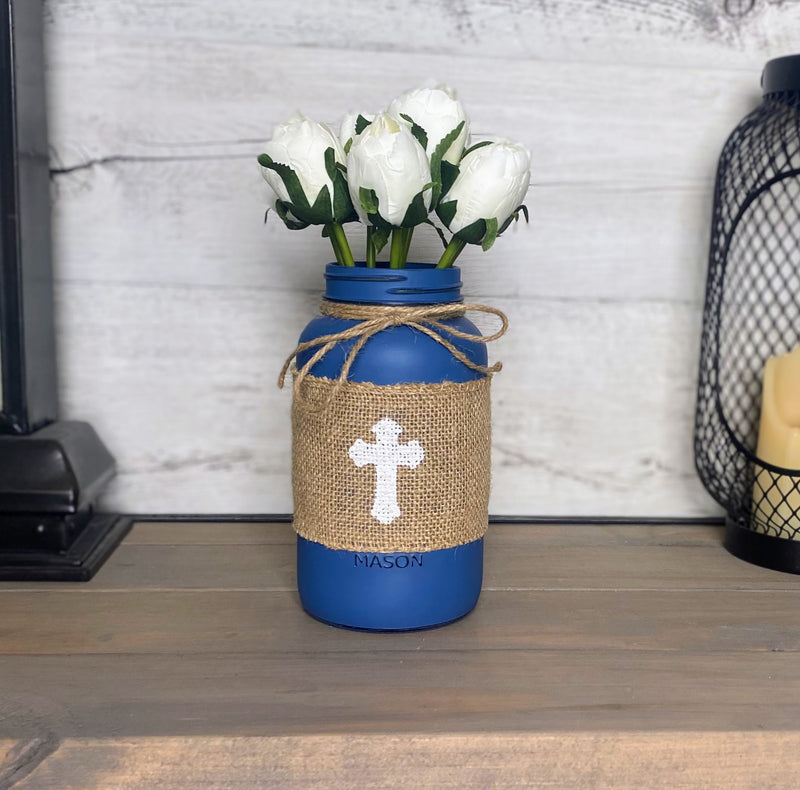 White Tulips With Large Blue Mason Jar Cross