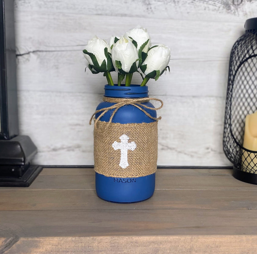 White Tulips With Large Blue Mason Jar Cross