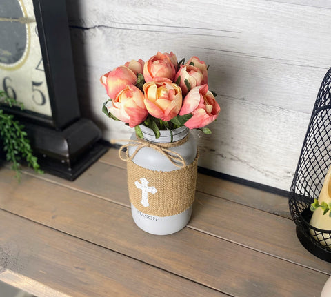Pink Tulips With Large Aged Grey Mason Jar Cross