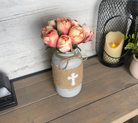 Pink Tulips With Large Aged Grey Mason Jar Cross