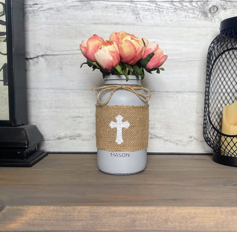 Pink Tulips With Large Aged Grey Mason Jar Cross
