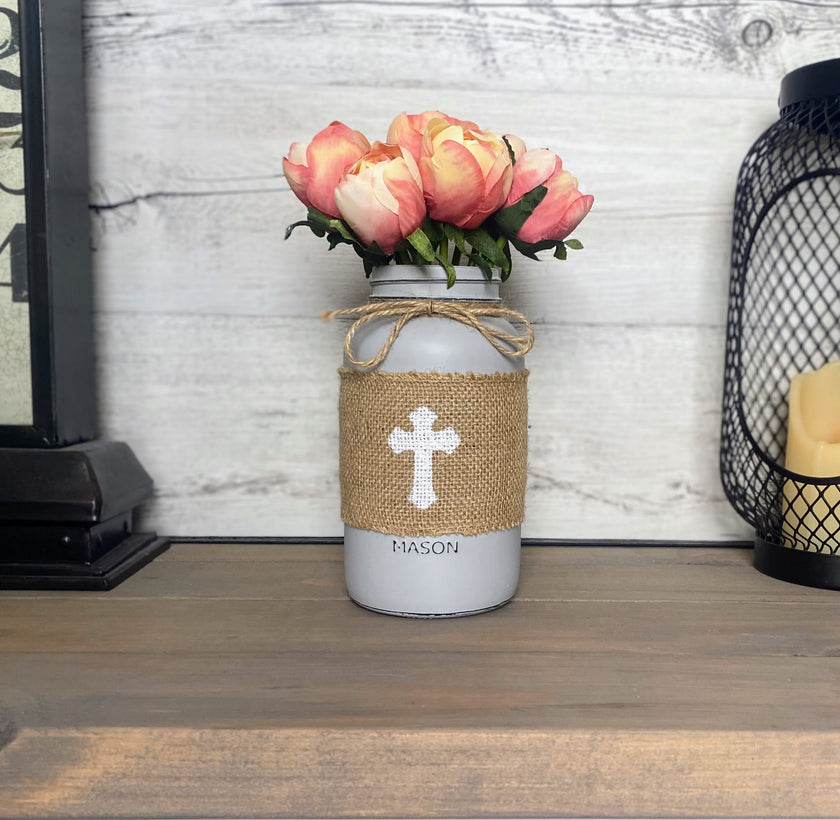 Pink Tulips With Large Aged Grey Mason Jar Cross