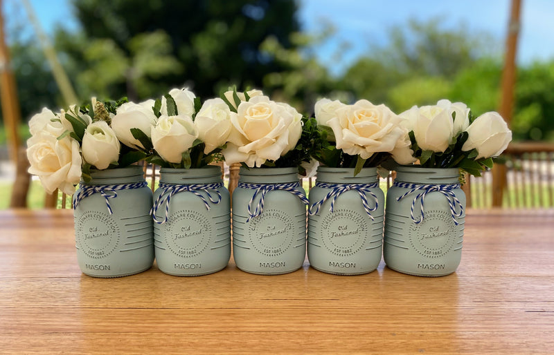 Boy Baby Shower Roses, Tulips Small Blue 5 Set Mason Jars with Blue and White Twine