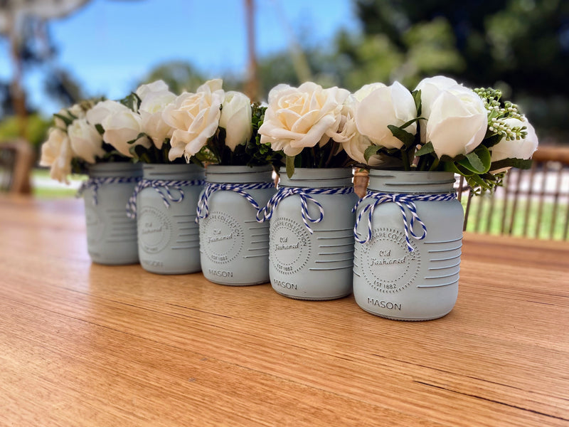 Boy Baby Shower Roses, Tulips Small Blue 5 Set Mason Jars with Blue and White Twine