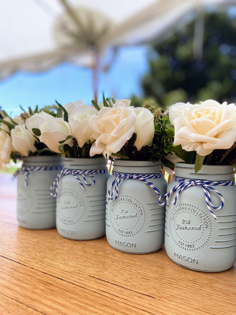 Boy Baby Shower Roses, Tulips Small Blue 5 Set Mason Jars with Blue and White Twine