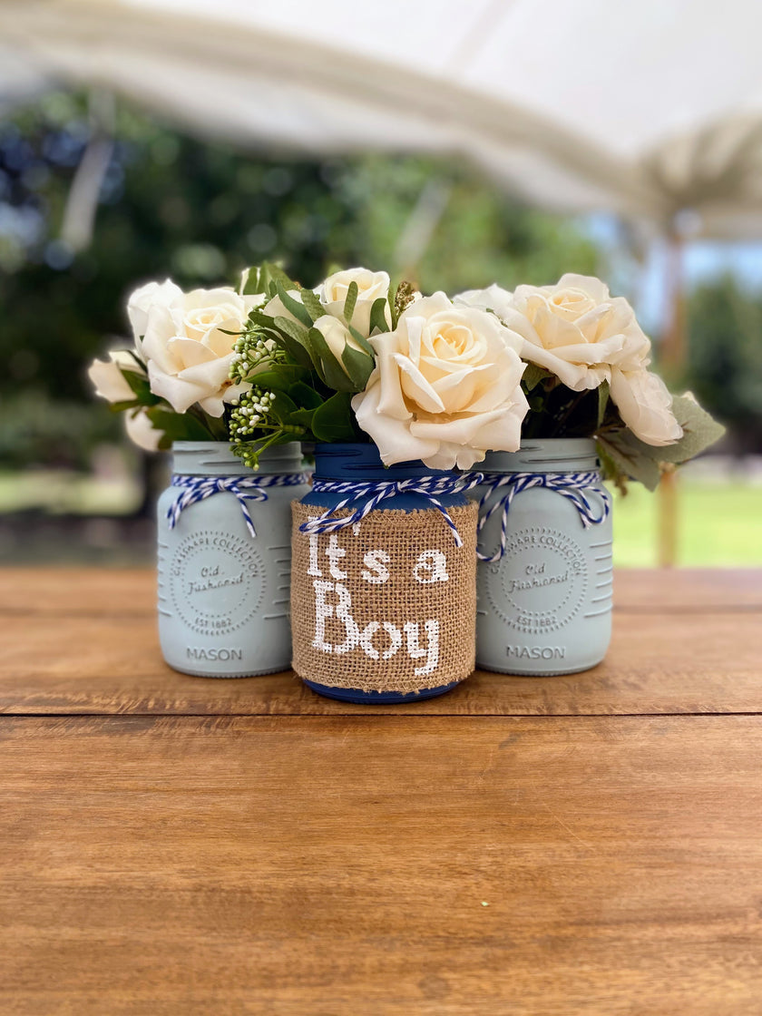 Boy Baby Shower Roses, Tulips Small Blue 3 Set Mason Jars with Blue and White Twine