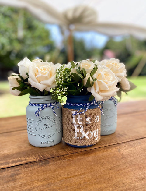 Boy Baby Shower Roses, Tulips Small Blue 3 Set Mason Jars with Blue and White Twine