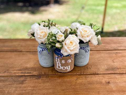 Boy Baby Shower Roses, Tulips Small Blue 3 Set Mason Jars with Blue and White Twine