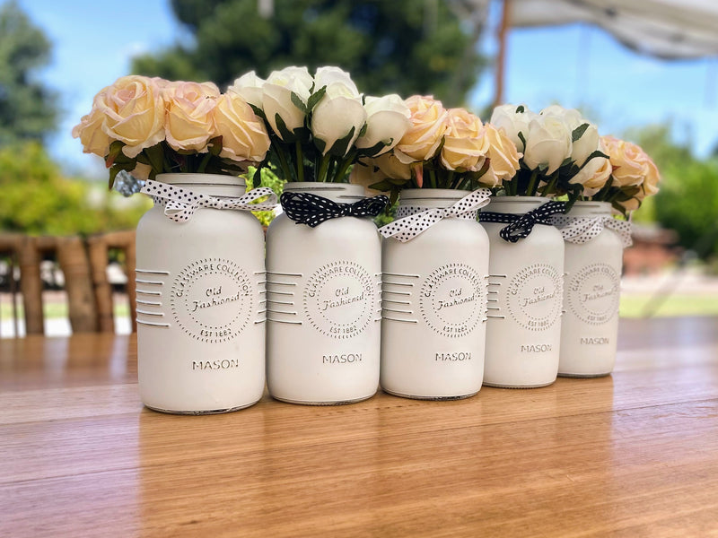 Blush Pink and White Tulips Large White 5 Set Mason Jars