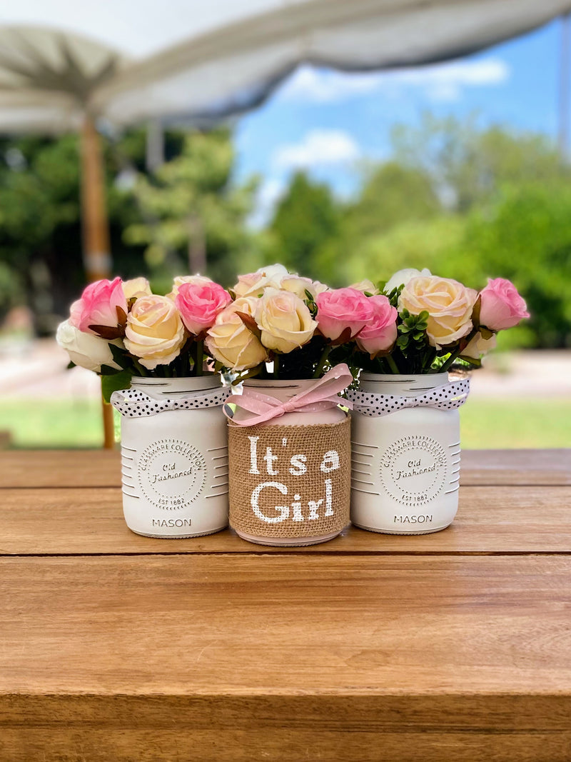Girl Baby Shower Roses Linen White and Blush Pink 3 Set Mason Jars with White Polka Dot Ribbon
