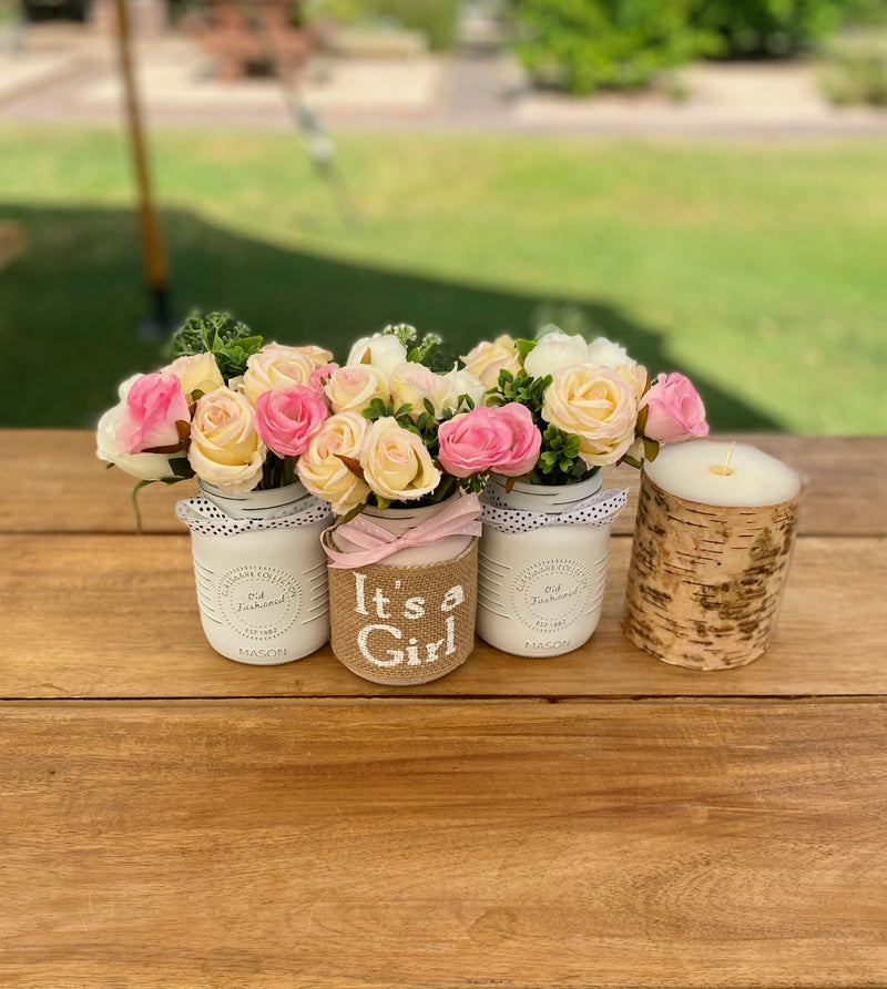 Girl Baby Shower Roses Linen White and Blush Pink 3 Set Mason Jars with White Polka Dot Ribbon