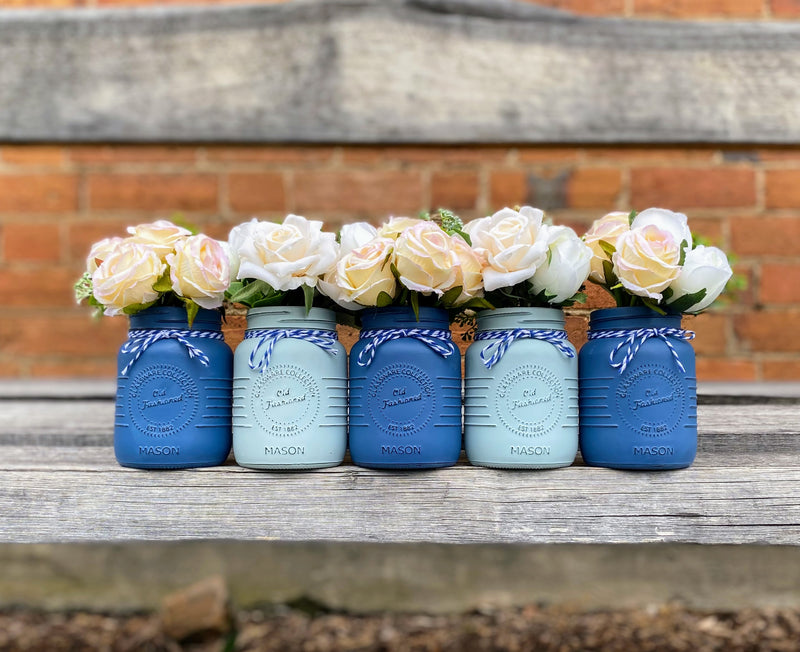 Boy Baby Shower Roses, Tulips Small Serenity Blue 5 Set Mason Jars with Blue and White Twine