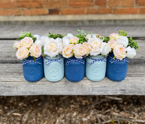 Boy Baby Shower Roses, Tulips Small Serenity Blue 5 Set Mason Jars with Blue and White Twine