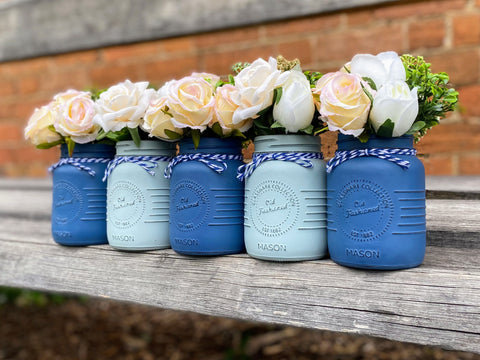 Boy Baby Shower Roses, Tulips Small Serenity Blue 5 Set Mason Jars with Blue and White Twine