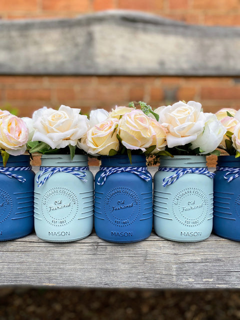 Boy Baby Shower Roses, Tulips Small Serenity Blue 5 Set Mason Jars with Blue and White Twine