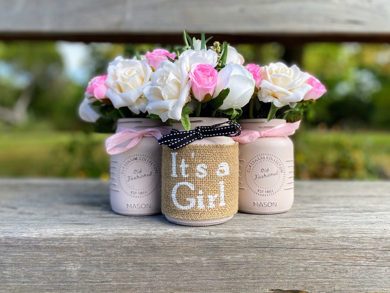 Girl Baby Shower Roses, Tulips Small Blush Pink 3 Set Mason Jars with Grosgrain Stitch Ribbon