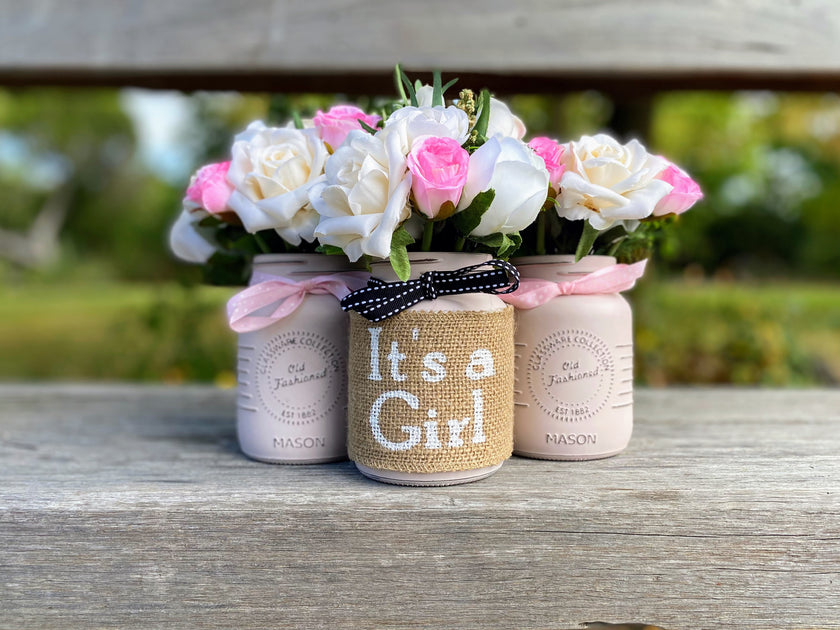 Girl Baby Shower Roses, Tulips Small Blush Pink 3 Set Mason Jars with Grosgrain Stitch Ribbon