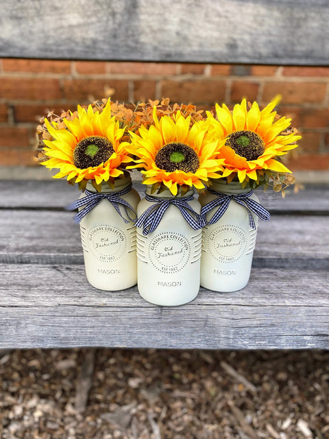 Sunflowers Large Cream 3 Set Mason Jars