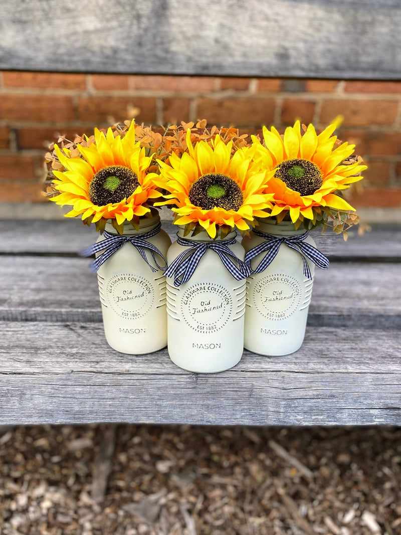 Sunflowers Large Cream 3 Set Mason Jars