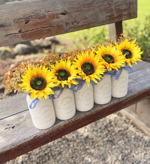 Sunflowers Large White 5 Set Mason Jars