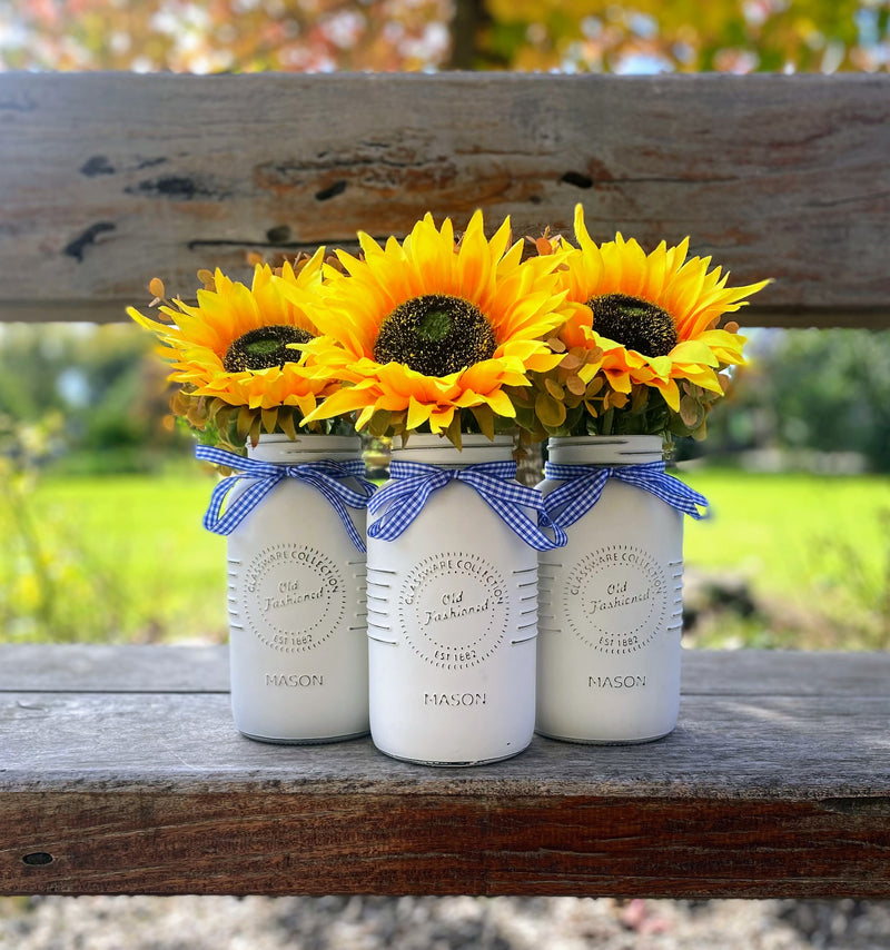 Sunflowers Large White 3 Set Mason Jars