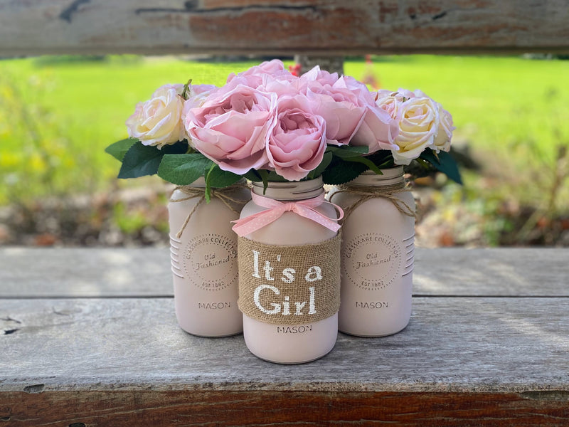 Girl Baby Shower Light Pink Roses Large Blush Pink 3 Set Mason Jars