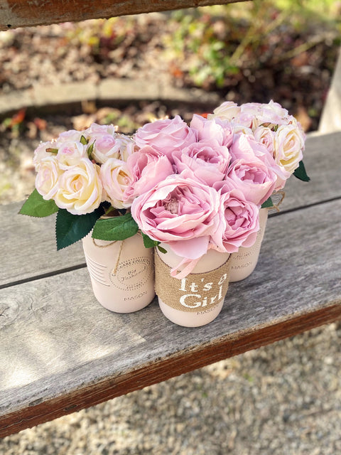 Girl Baby Shower Light Pink Roses Large Blush Pink 3 Set Mason Jars