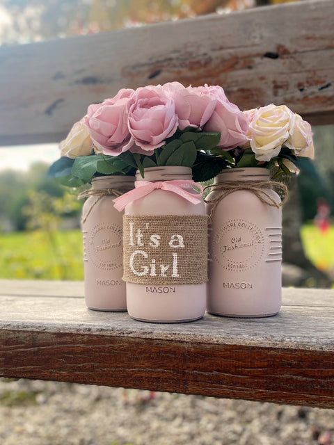 Girl Baby Shower Light Pink Roses Large Blush Pink 3 Set Mason Jars