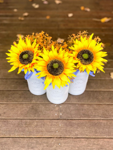 Sunflowers Large White 3 Set Mason Jars