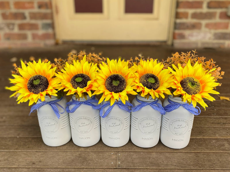 Sunflowers Large White 5 Set Mason Jars