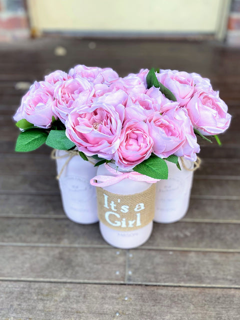 Girl Baby Shower Light Pink Roses Large Blush Pink 3 Set Mason Jars