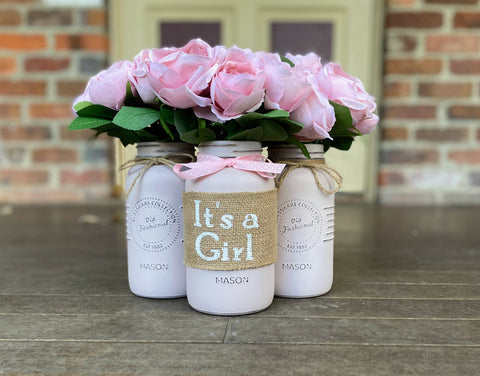 Girl Baby Shower Light Pink Roses Large Blush Pink 3 Set Mason Jars