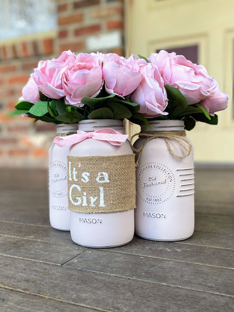 Girl Baby Shower Light Pink Roses Large Blush Pink 3 Set Mason Jars