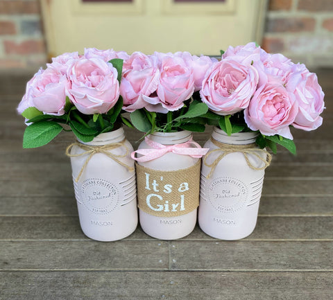 Girl Baby Shower Light Pink Roses Large Blush Pink 3 Set Mason Jars