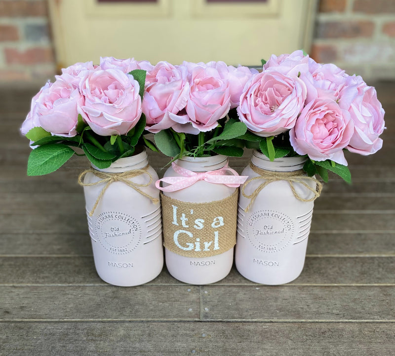 Girl Baby Shower Light Pink Roses Large Blush Pink 3 Set Mason Jars