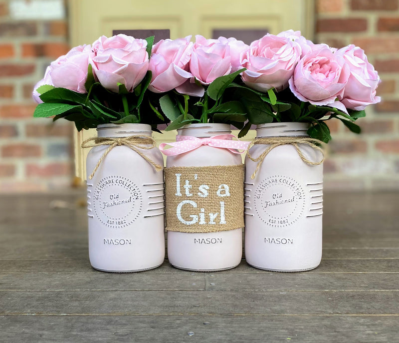 Girl Baby Shower Light Pink Roses Large Blush Pink 3 Set Mason Jars