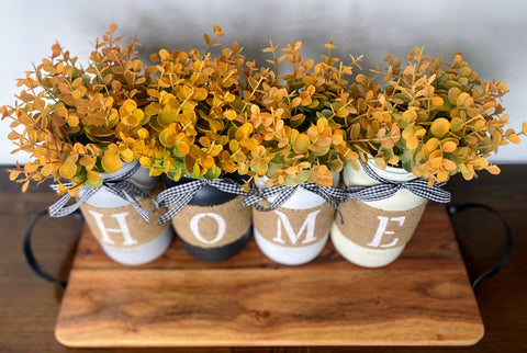 Eucalyptus Burlap Painted HOME Large 4 Set Mason Jars