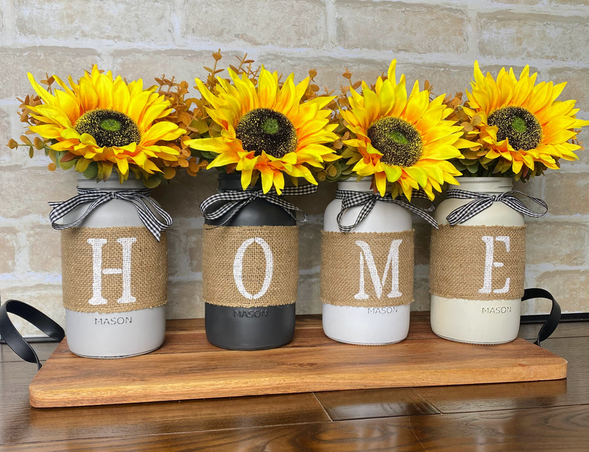 Sunflowers Eucalyptus Burlap Painted HOME Large 4 Set Mason Jars