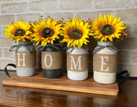 Sunflowers Eucalyptus Burlap Painted HOME Large 4 Set Mason Jars
