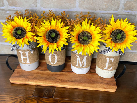Sunflowers Eucalyptus Burlap Painted HOME Large 4 Set Mason Jars