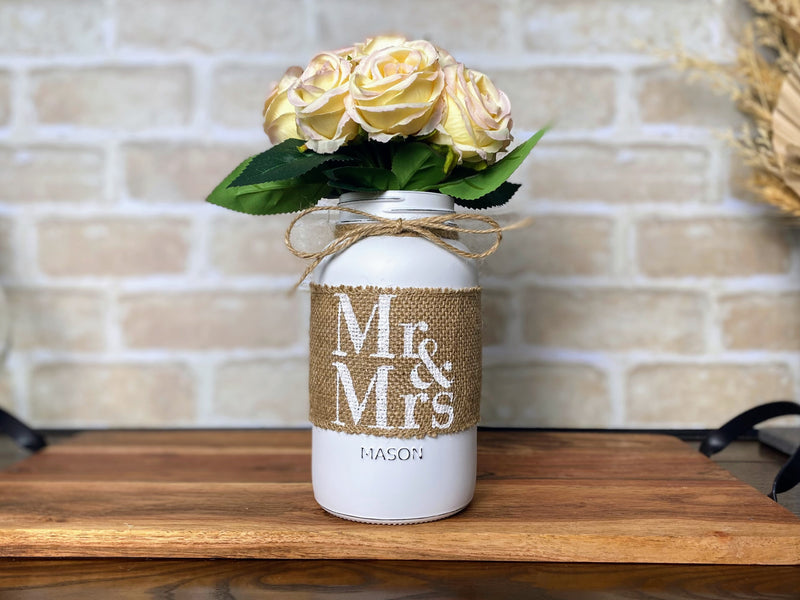 Mr and Mrs Wedding Table Centrepiece with Blush Pink Roses Large White Mason Jar with Twine