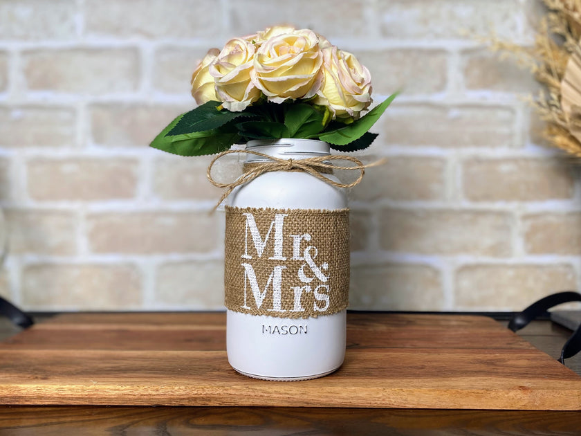 Mr and Mrs Wedding Table Centrepiece with Blush Pink Roses Large White Mason Jar with Twine
