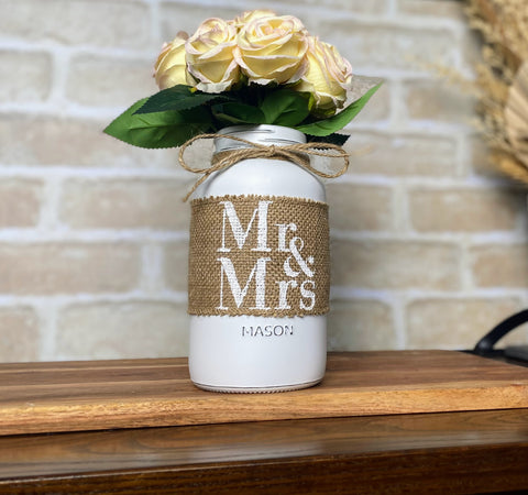 Mr and Mrs Wedding Table Centrepiece with Blush Pink Roses Large White Mason Jar with Twine