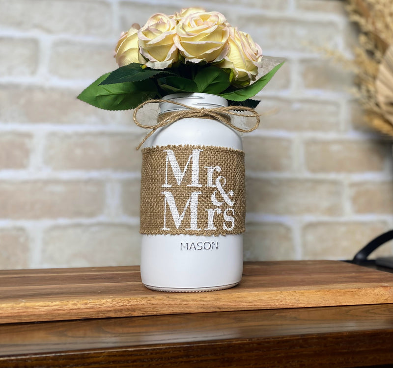 Mr and Mrs Wedding Table Centrepiece with Blush Pink Roses Large White Mason Jar with Twine
