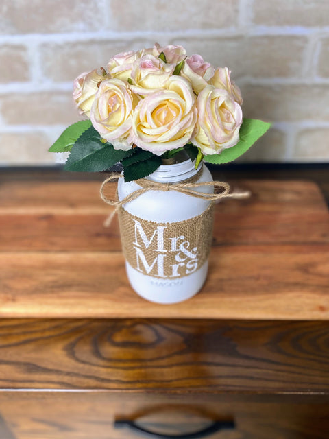 Mr and Mrs Wedding Table Centrepiece with Blush Pink Roses Large White Mason Jar with Twine